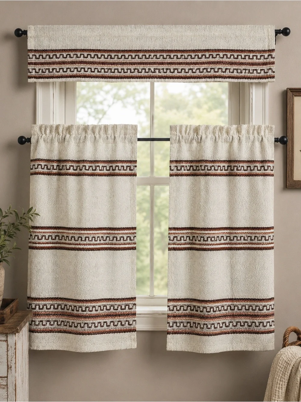 VTG 1970s Sears Woven Cafe Curtains With Valance 3 Pc Set White Brown Orange Tan